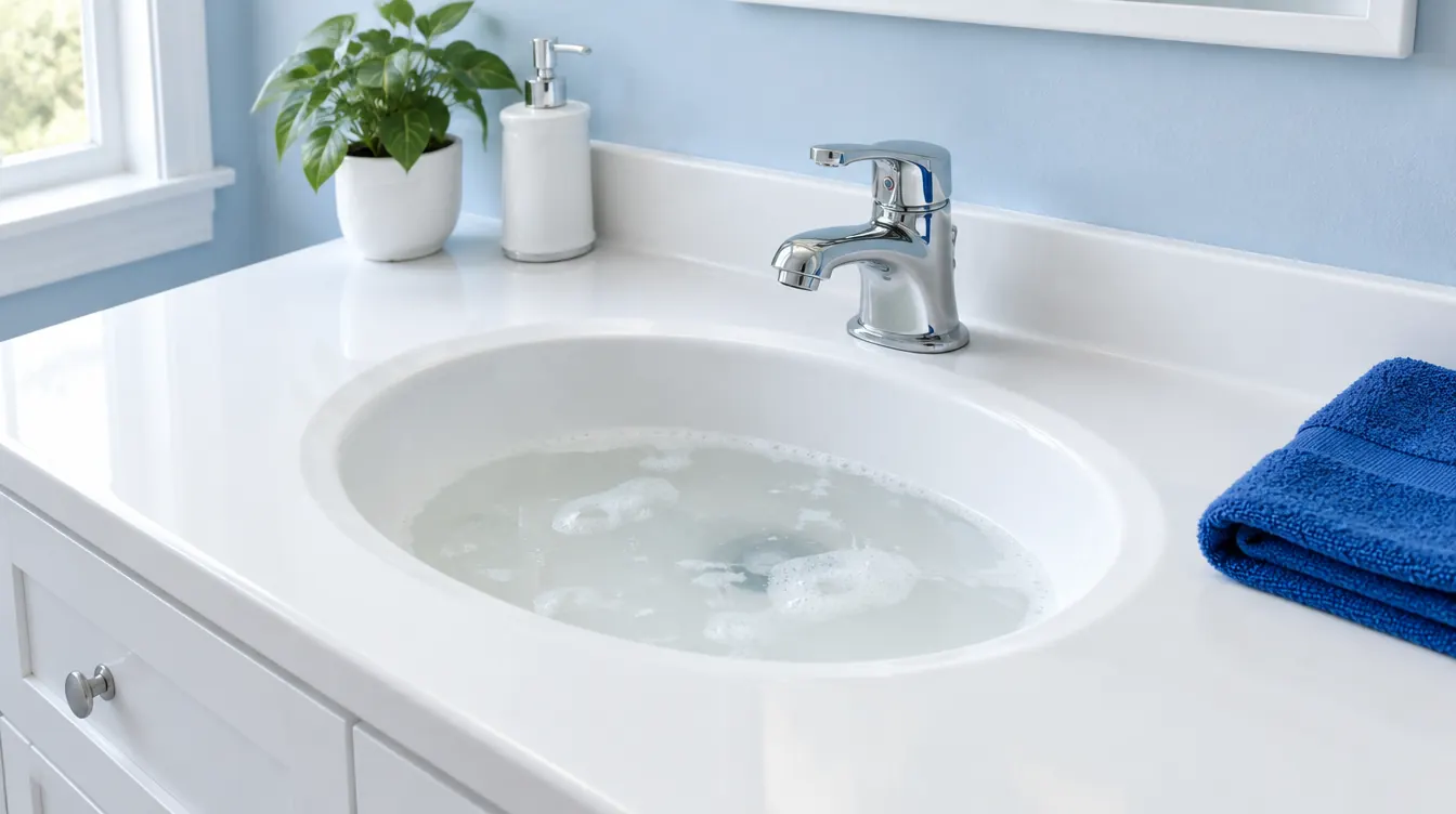 A white bathroom sink holding a few inches of soapy water that is slow to drain A white bathroom sink holding a few inches of soapy water that is slow to drain