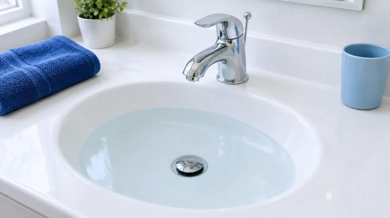 A white bathroom sink full of clear water with the pop-up stopper closed and the lift rod behind the faucet A white bathroom sink full of clear water with the pop-up stopper closed and the lift rod behind the faucet