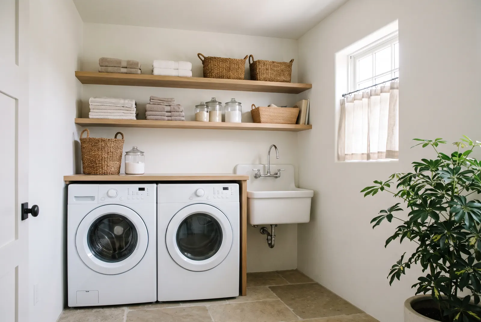 A bright laundry room with a washer and dryer, shelving and a utility sink A bright laundry room with a washer and dryer, shelving and a utility sink