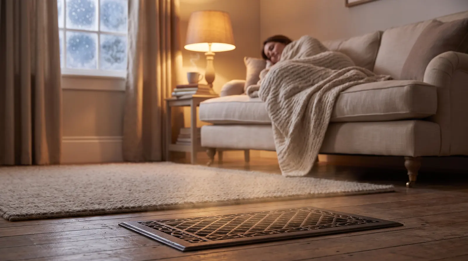A cozy living room on a winter evening with a floor register in the foreground A cozy living room on a winter evening with a floor register in the foreground