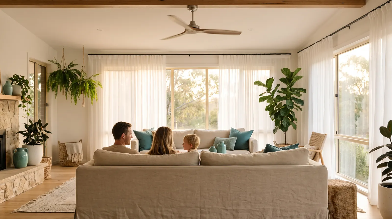 A family relaxing on a sofa in a bright, cool living room A family relaxing on a sofa in a bright, cool living room