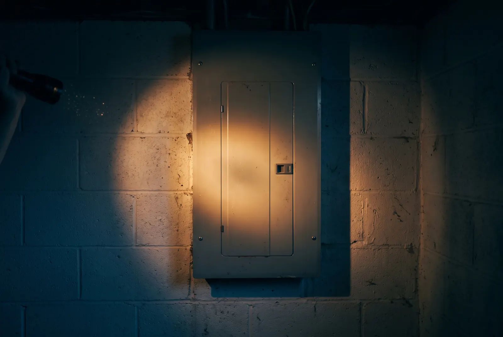A flashlight beam on the closed door of a home breaker panel A flashlight beam on the closed door of a home breaker panel