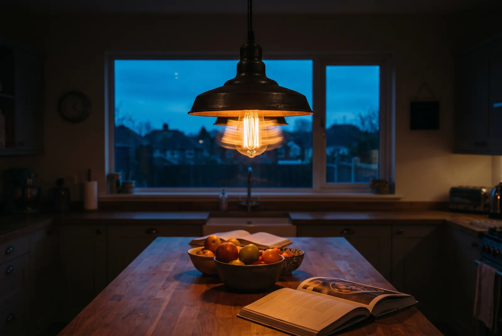 A pendant light flickering over a kitchen island at dusk A pendant light flickering over a kitchen island at dusk