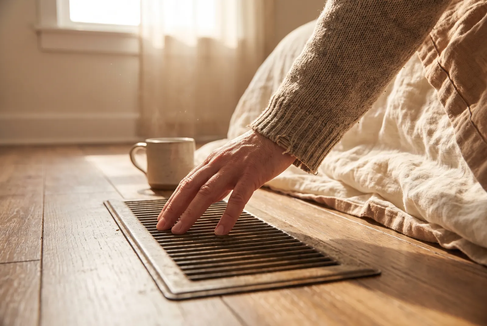 A hand resting on a floor register in a sunlit bedroom feeling for airflow A hand resting on a floor register in a sunlit bedroom feeling for airflow