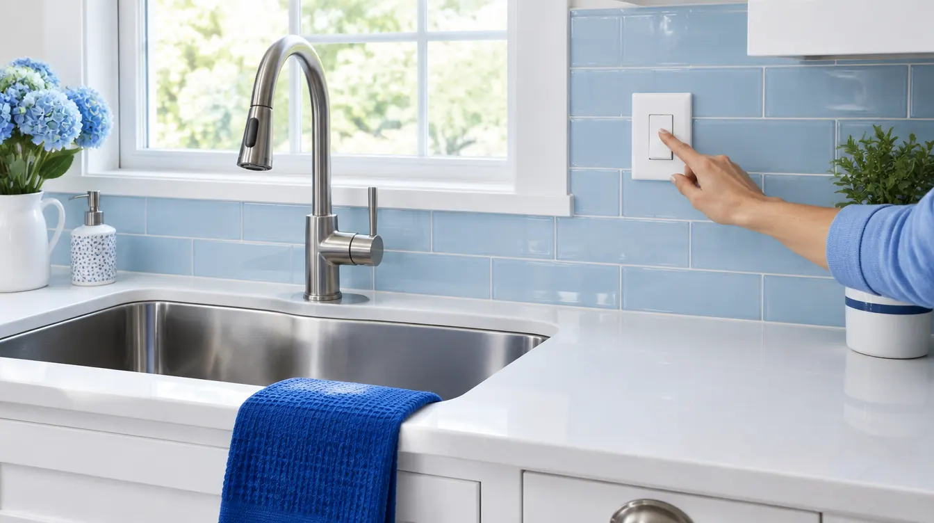 A hand reaching for the wall switch beside a stainless steel kitchen sink A hand reaching for the wall switch beside a stainless steel kitchen sink