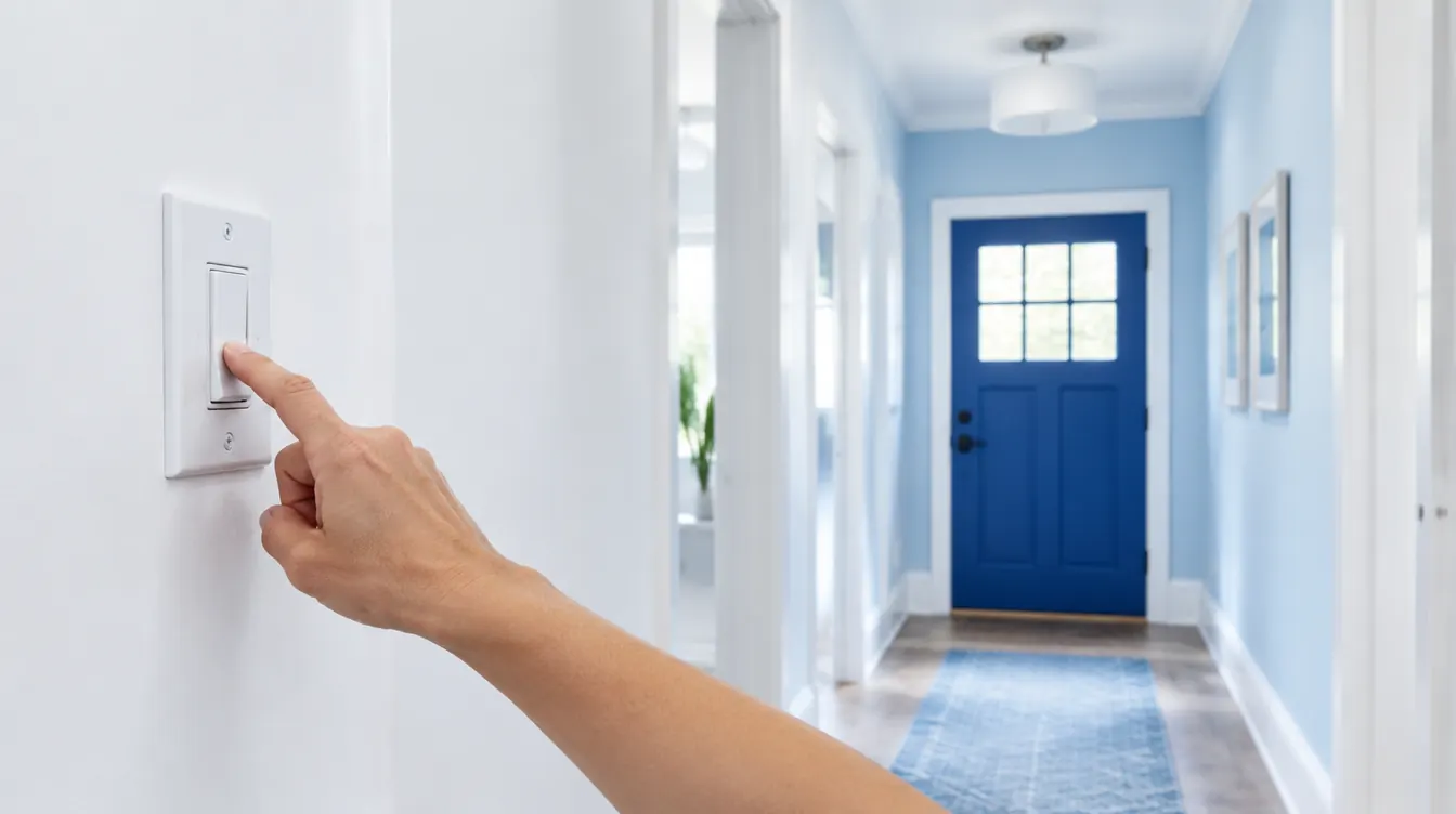 A hand pressing a wall light switch in a hallway while the ceiling light stays off A hand pressing a wall light switch in a hallway while the ceiling light stays off