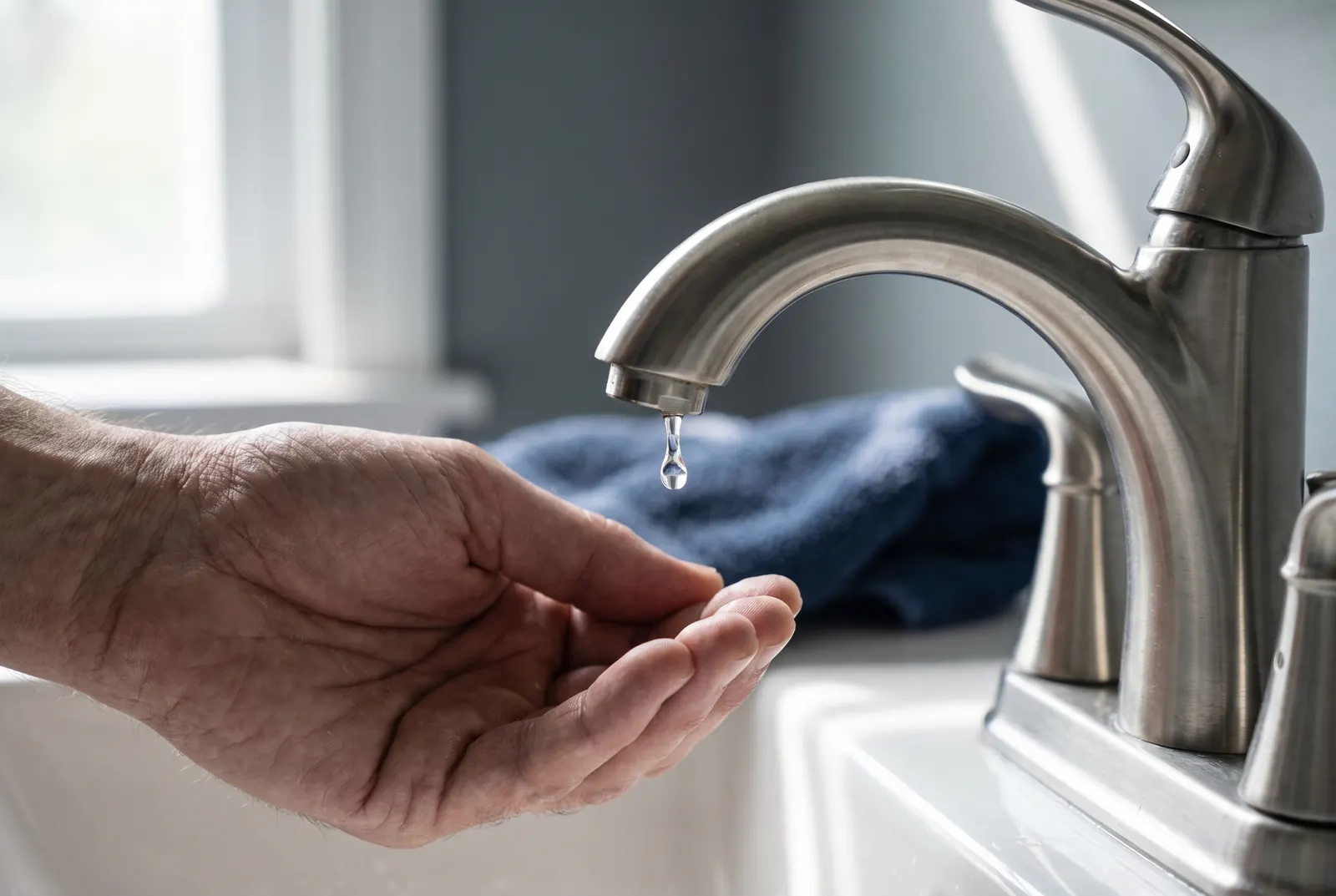 A hand held under a chrome bathroom faucet catching a single drip A hand held under a chrome bathroom faucet catching a single drip