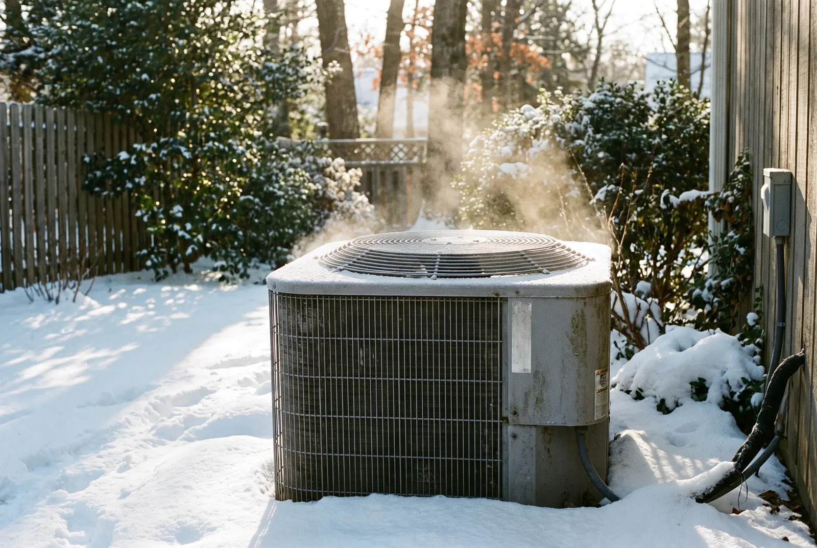 A heat pump outdoor unit in snow with light frost on the coil and steam rising as it runs