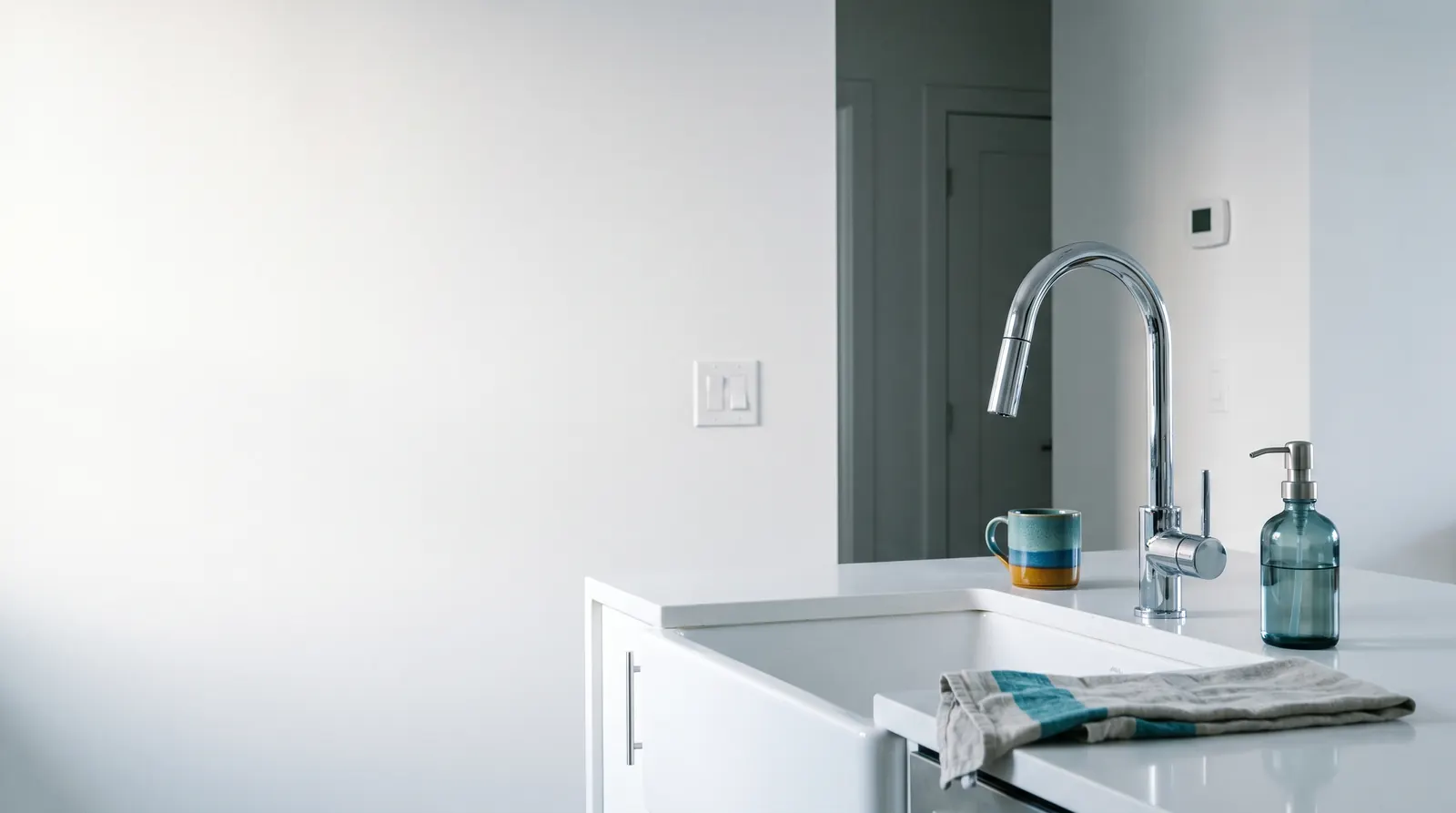 A calm kitchen with a single-handle faucet, a thermostat down the hall and a light switch on the wall A calm kitchen with a single-handle faucet, a thermostat down the hall and a light switch on the wall