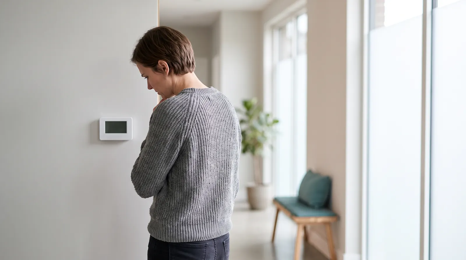 A homeowner frowning at a wall thermostat with a blank screen A homeowner frowning at a wall thermostat with a blank screen