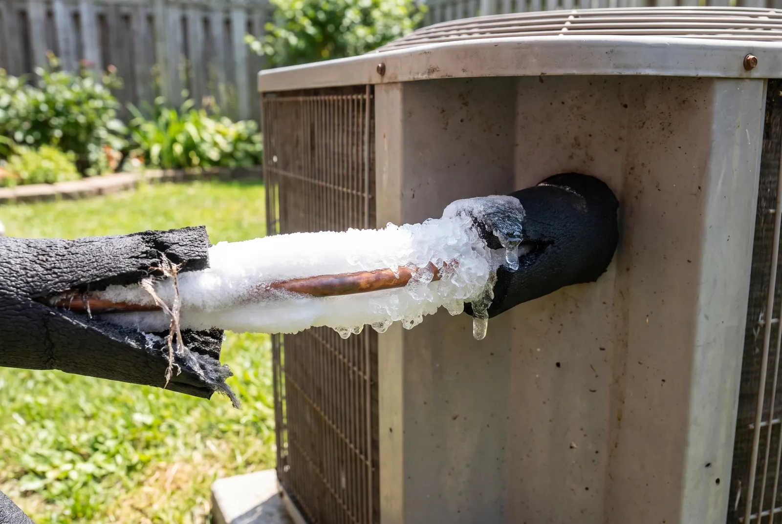 Ice and frost built up on the insulated refrigerant line entering an outdoor AC unit Ice and frost built up on the insulated refrigerant line entering an outdoor AC unit