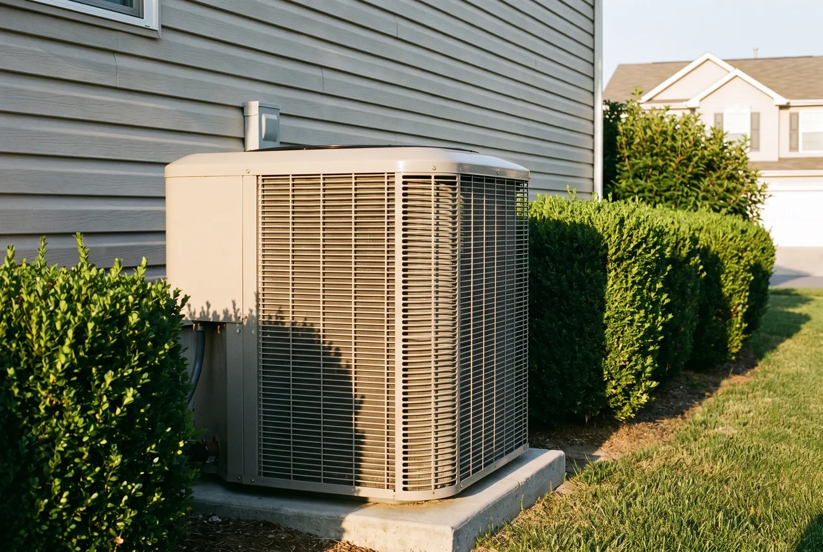 An outdoor air conditioning condenser unit on a pad beside a house with shrubs trimmed clear An outdoor air conditioning condenser unit on a pad beside a house with shrubs trimmed clear