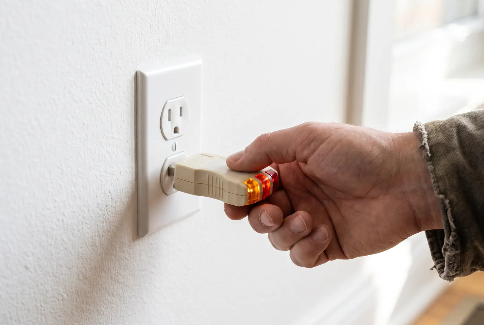 A hand holding a plug-in outlet tester with its lights lit in a wall outlet A hand holding a plug-in outlet tester with its lights lit in a wall outlet