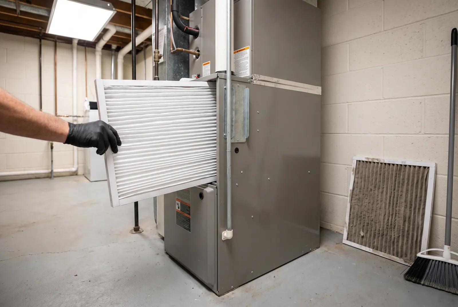 A hand sliding a new pleated air filter into a furnace filter slot A hand sliding a new pleated air filter into a furnace filter slot
