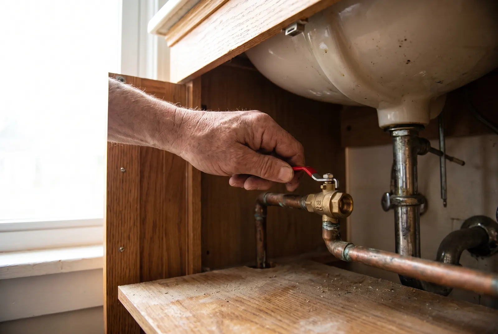 A hand turning a quarter-turn shutoff valve on a copper line under a bathroom sink A hand turning a quarter-turn shutoff valve on a copper line under a bathroom sink