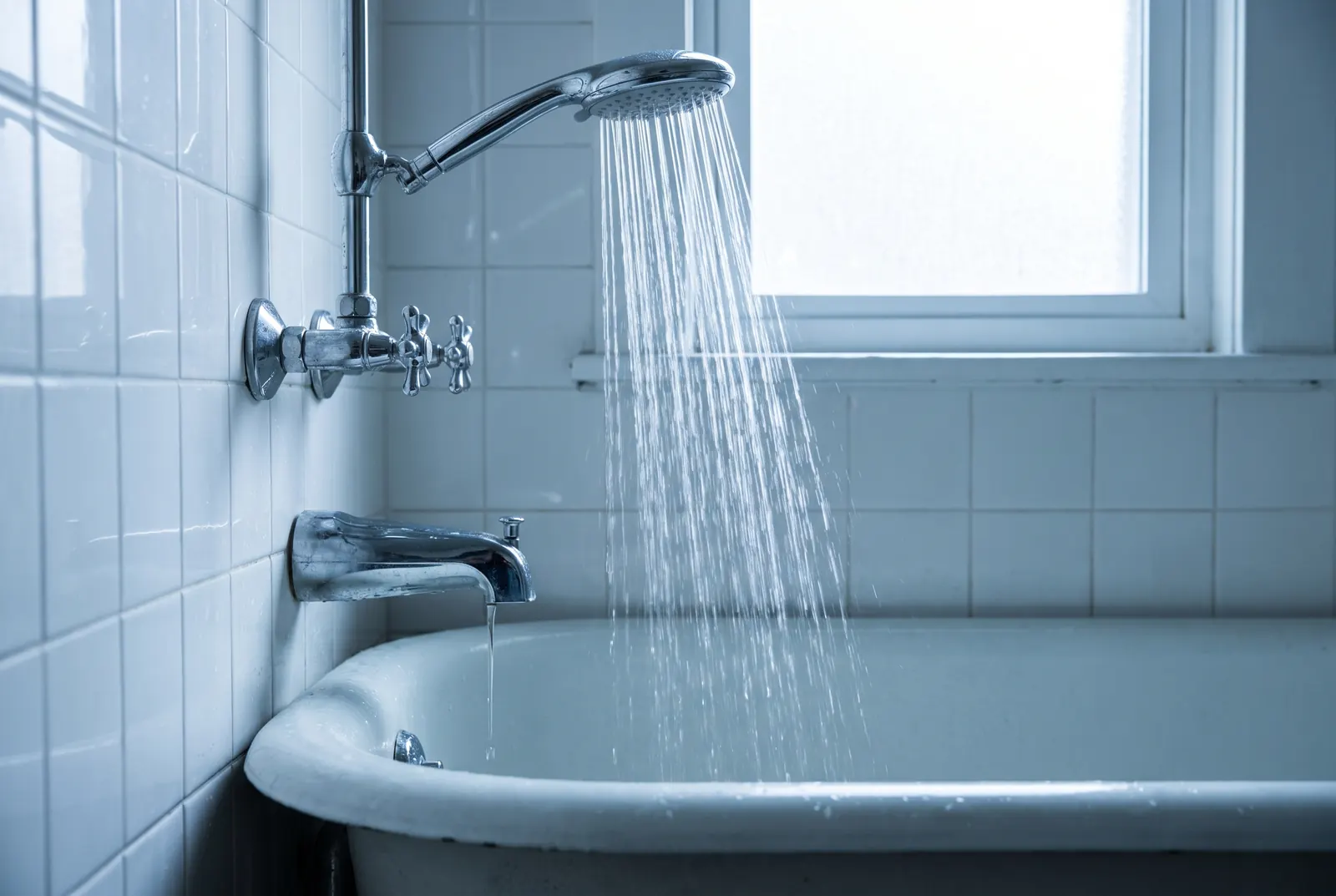 Water running from a tub spout while the showerhead above is on Water running from a tub spout while the showerhead above is on