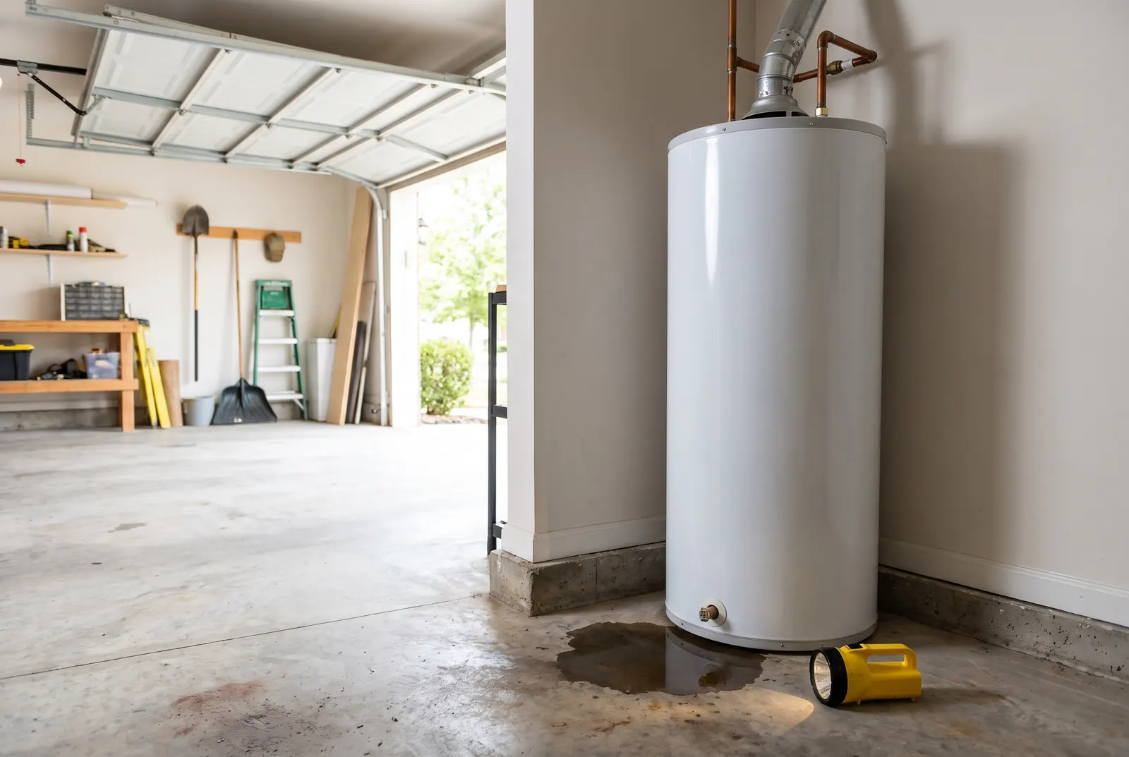 A residential water heater in a garage with a puddle of water at its base A residential water heater in a garage with a puddle of water at its base