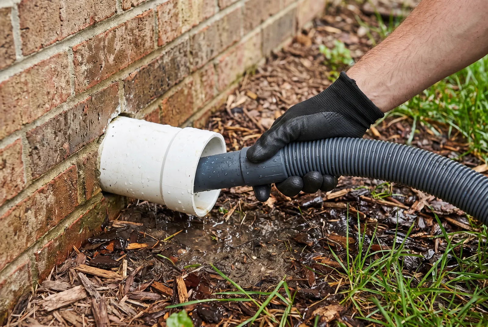 A wet/dry vacuum hose held against the end of a condensate drain pipe outside a house A wet/dry vacuum hose held against the end of a condensate drain pipe outside a house